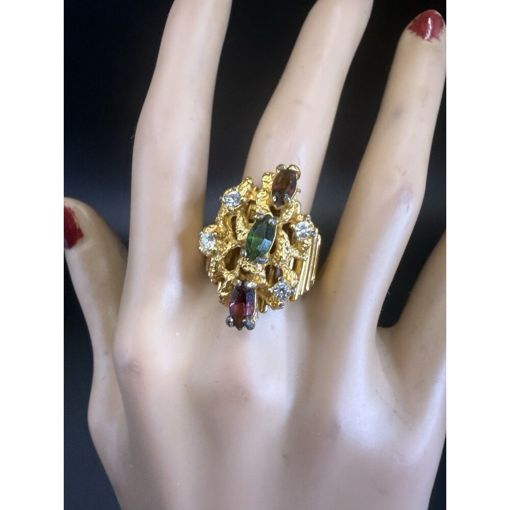 Vintage Aurora Jewelry Co. 18K HGE Brustlist Style Cluster Rhinestone Ring SZ 9
